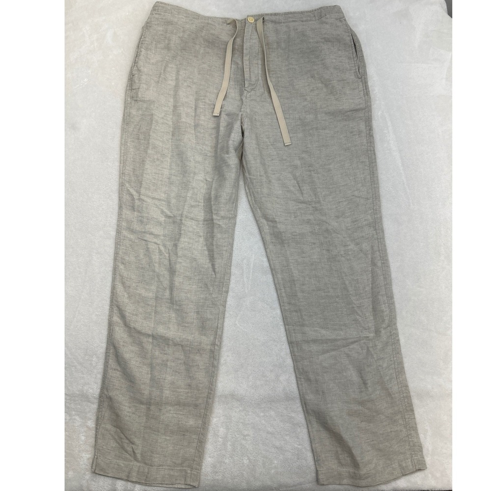 Nautica Explorer Pants Mens L Tan 100% Linen Loose Fit Drawstring Trousers